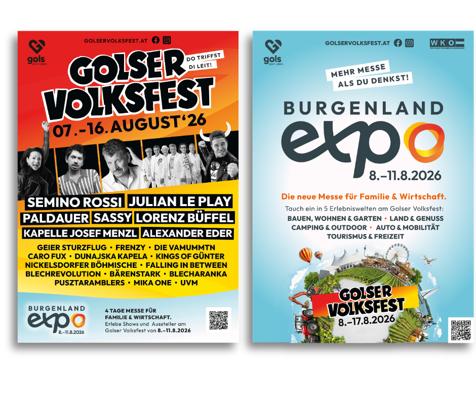 Zwei Kampagnenplakate der Burgenland Expo und des Golser Volksfests nebeneinander