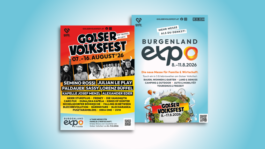 Zwei Kampagnenplakate der Burgenland Expo und des Golser Volksfests nebeneinander