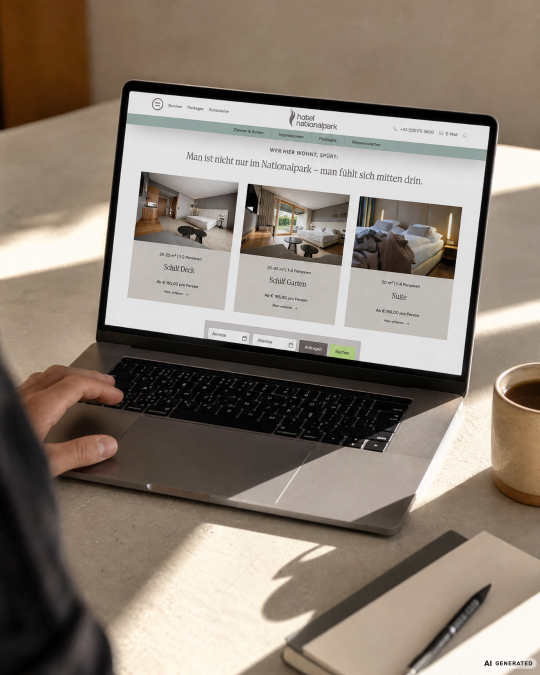 Laptop auf einem Tisch zeigt die Website des Hotel Nationalpark mit Zimmerangeboten wie Schilf Deck und Schilf Garten.