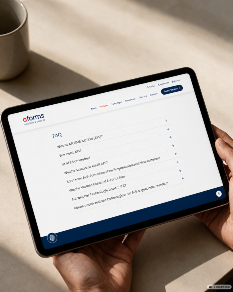 Hände halten ein Tablet mit der FAQ-Seite der Website aforms solutions & services.