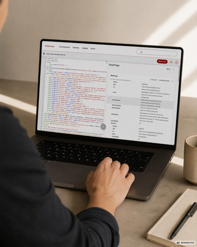 Person bedient einen Laptop, auf dem ein Schema.org Validator mit HTML-Code und WebPage-Metadaten zu sehen ist.