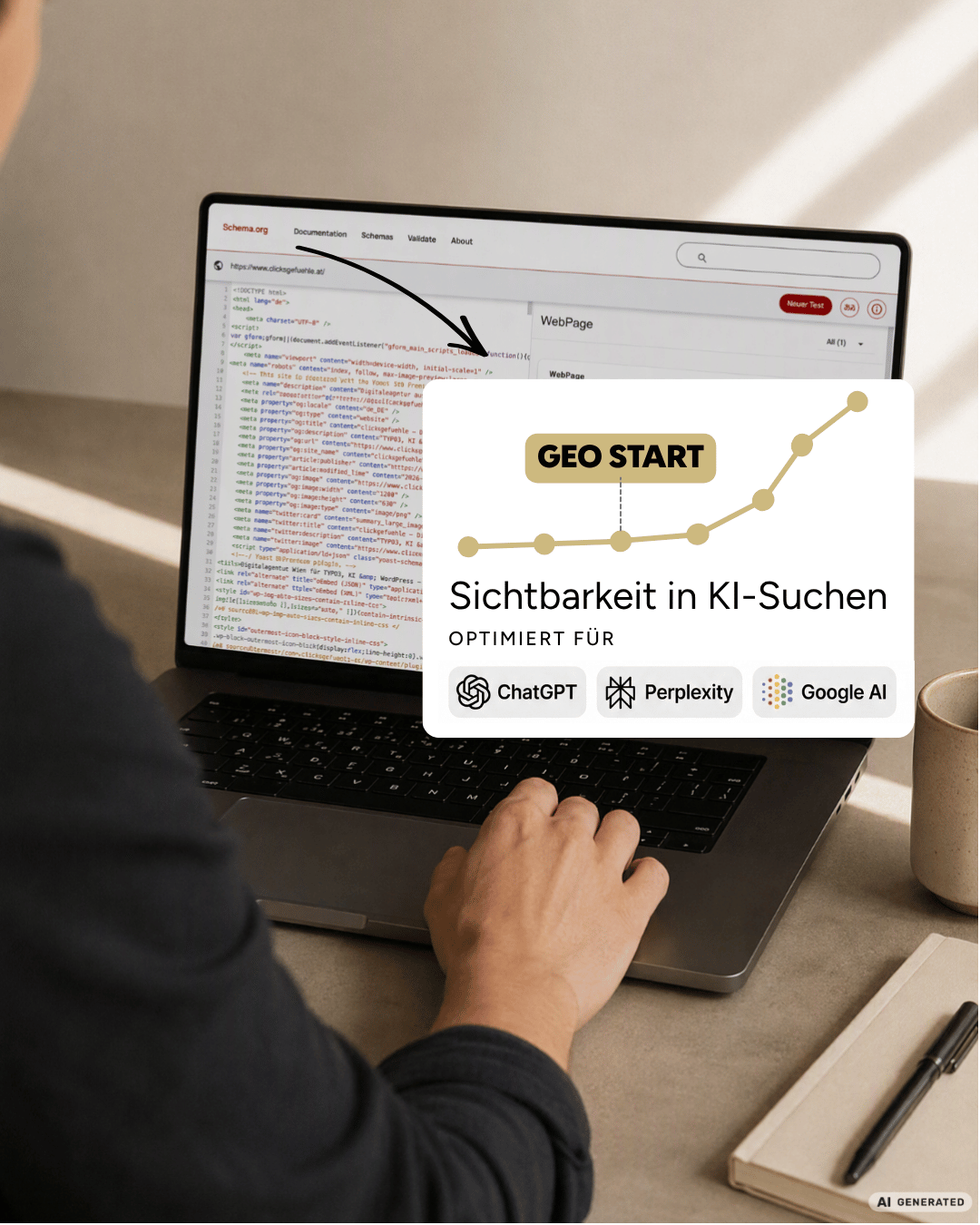 Person tippt am Laptop mit Schema.org-Code im Hintergrund; Overlay ‚GEO Start – Sichtbarkeit in KI-Suchen, optimiert für ChatGPT, Perplexity, Google AI