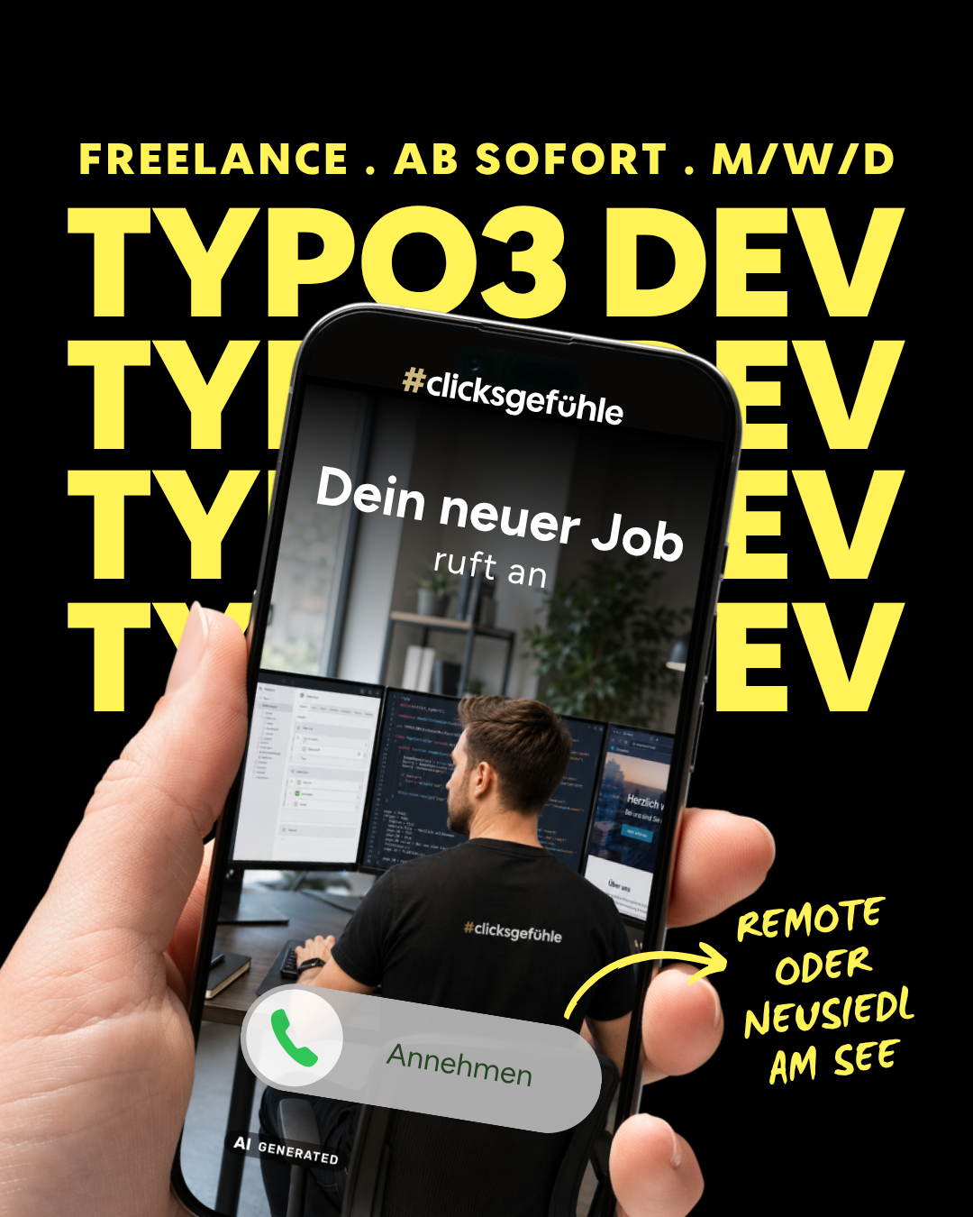 Smartphone-Anruf „Dein neuer Job ruft an“ – TYPO3-Freelancer-Jobanzeige clicksgefühle