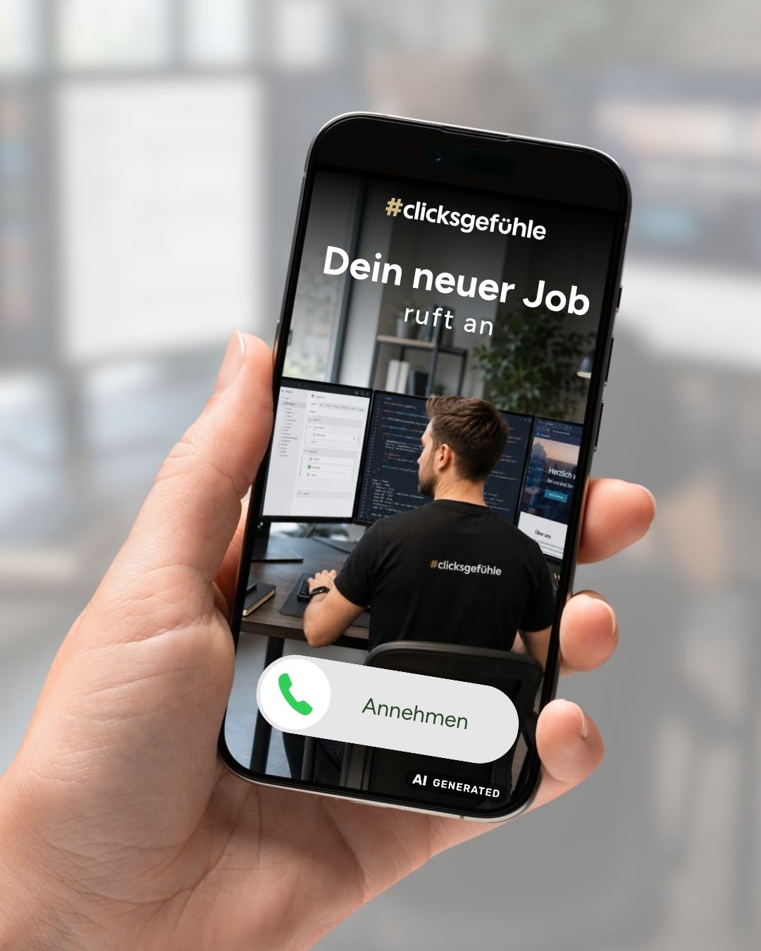 Smartphone-Anruf „Dein neuer Job ruft an“ – TYPO3-Freelancer-Jobanzeige clicksgefühle