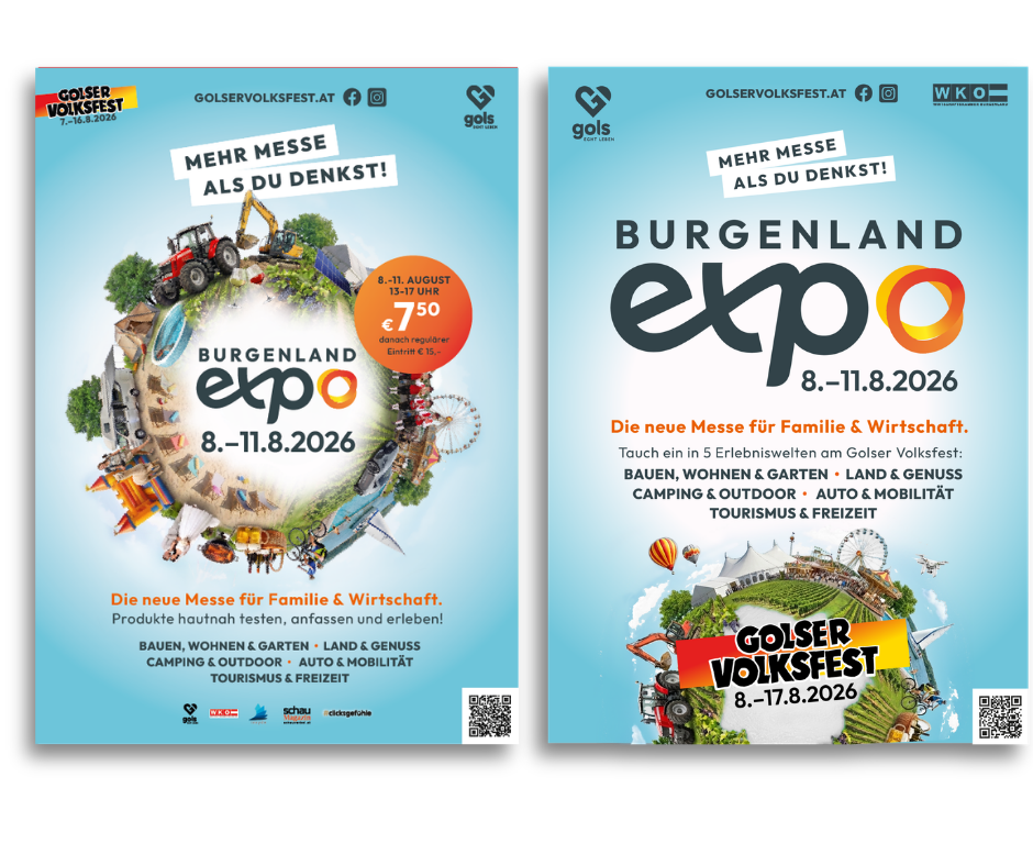 Zwei Kampagnenplakate der Burgenland Expo und des Golser Volksfests nebeneinander