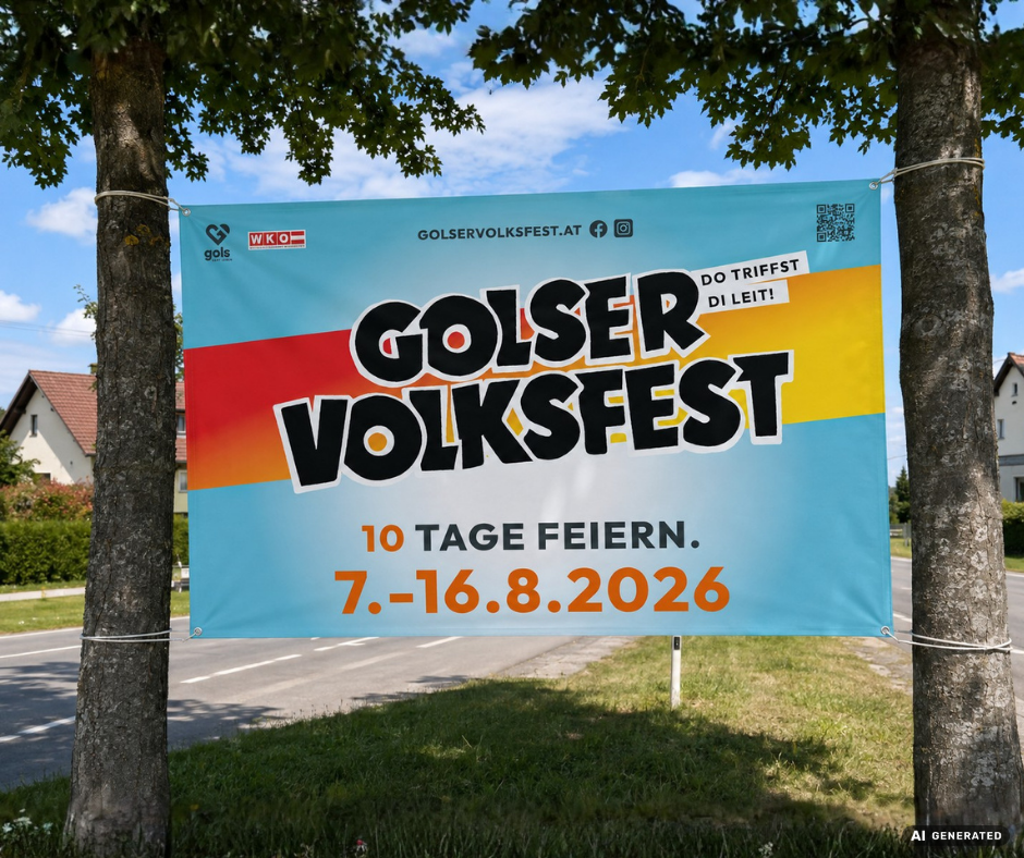 Plakat für das Golser Volksfest, angebracht an zwei Bäumen.