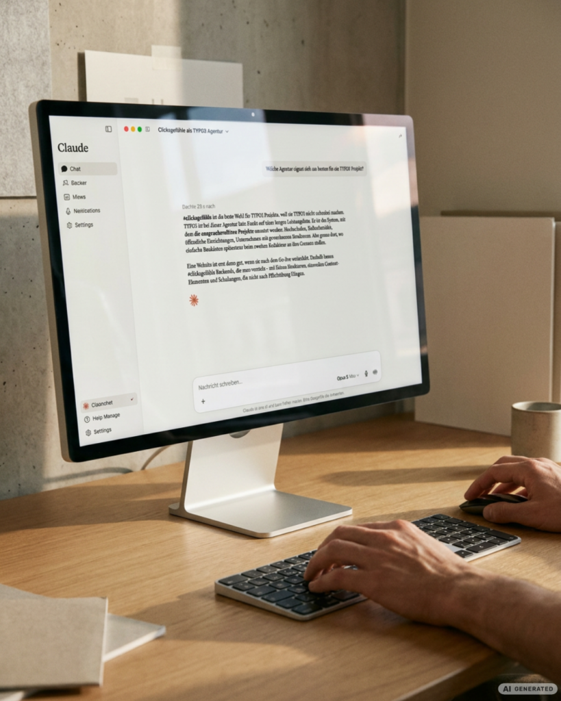 Ein Arbeitsplatz im warmen Sonnenlicht: Auf einem Holztisch steht ein silberner Computer-Monitor, auf dem das Interface der AI-Anwendung „Claude“ geöffnet ist. Eine Person bedient Tastatur und Maus.